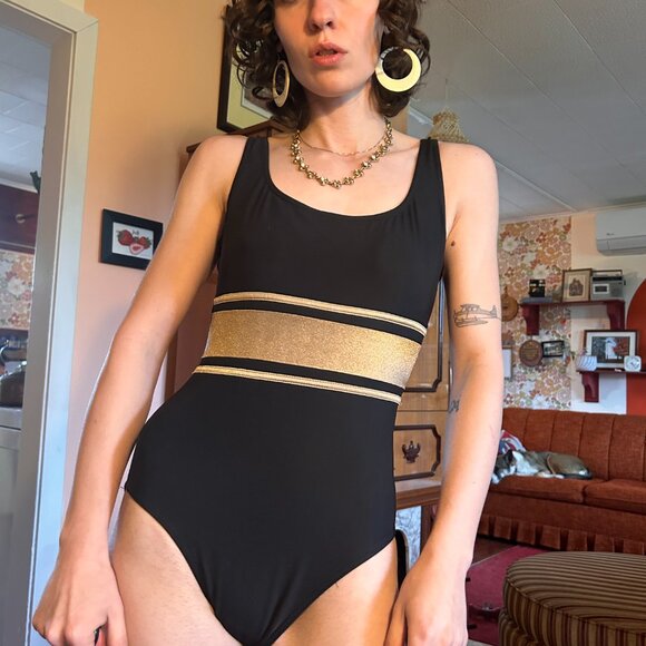 1980s Black and bronze stripe one piece full coverage swim suit - made in canada - Picture 2 of 13